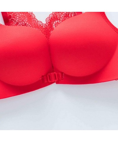 Women's Sexy Soft Glossy Lace Front Buckle No traceLingerie Set Push up Underwear Wireless Sheer Bra and Panty Set - Red Only...