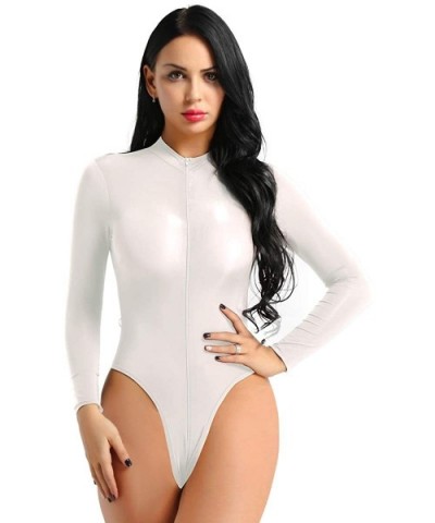 Women's Long Sleeve Turtleneck Mock Neck High Cut Leotard Tops Shirt Bodysuit Jumpsuit - White - CS193CNY0EH $35.26 Shapewear