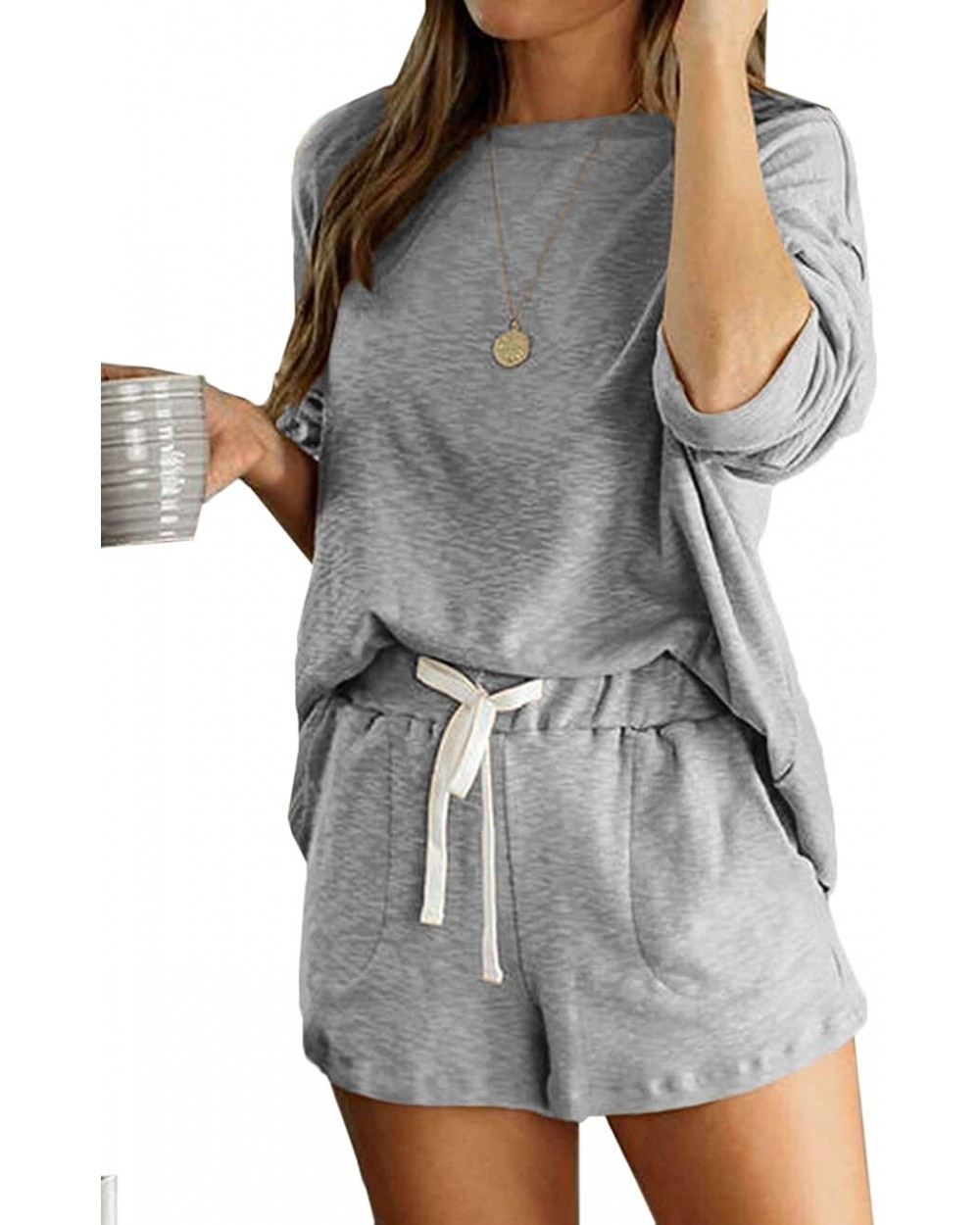 Pajamas Set 2 Piece Shorts PJ Sets Long Sleeve Tops Sleepwear Loungewear for Women - Grey - C1198DIA6KG $47.84 Sets