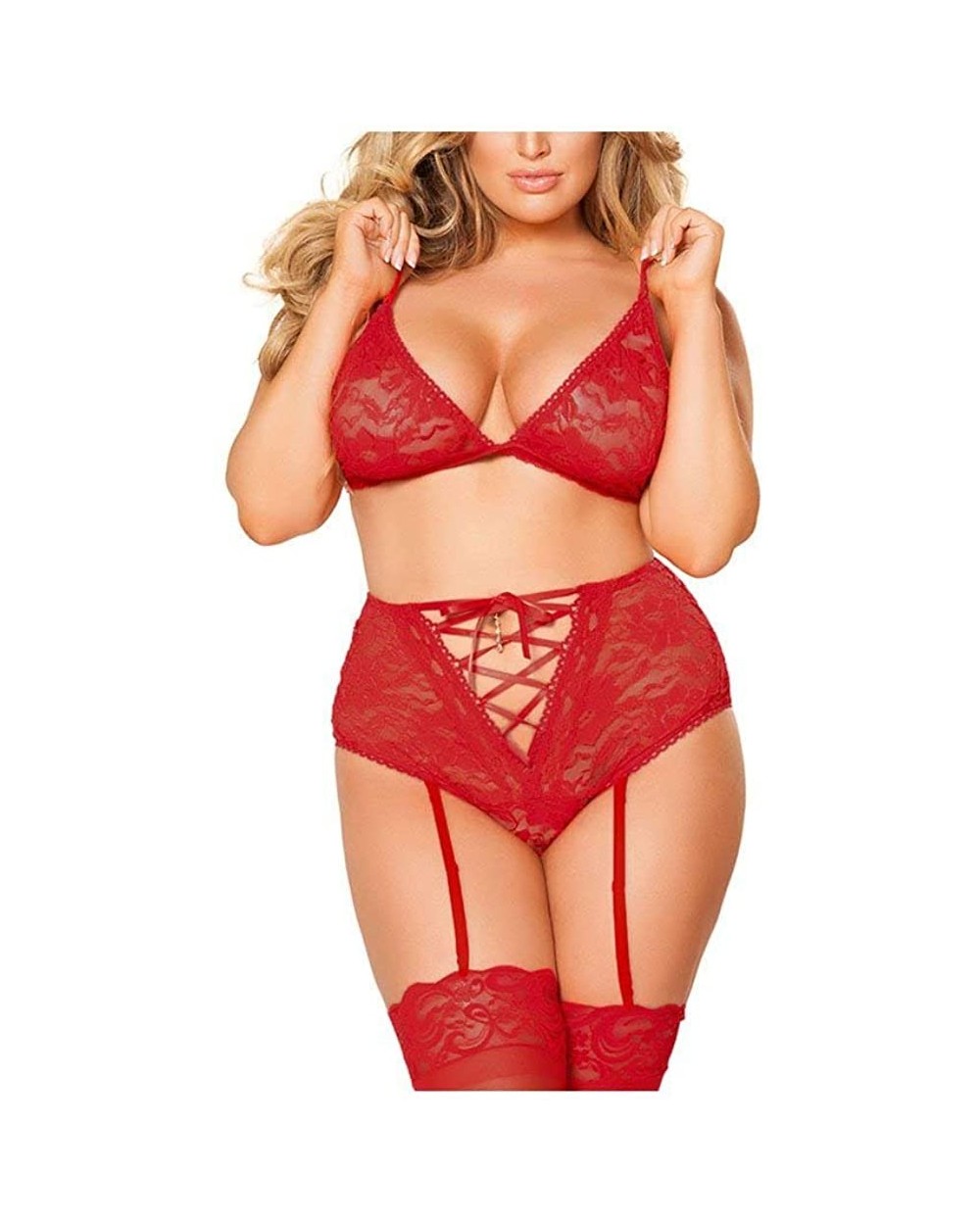 Women's Plus Size 3pcs Lace Lingerie Bralette Set Sexy Sheer Babydoll Lace Underwear Set for Sex Play - Red - C818H6XZNQG $23...