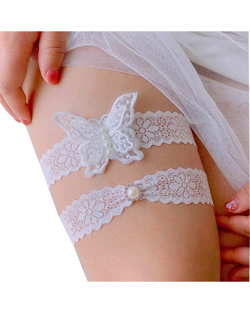 Wedding Garters Set Lace Bridal Garter with butterfly Elastic Leg belt for Women - B - CG190HRYLTD $14.42 Garters & Garter Belts