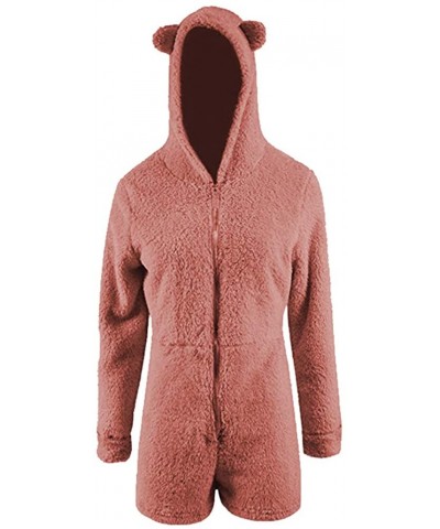 Women Sherpa Fleece Pajama Suit Hooded Cute Bear Ears Long Sleeve Zipper Short Jumpsuit Sleepwear Romper - Pink - CR192XAU3S2...