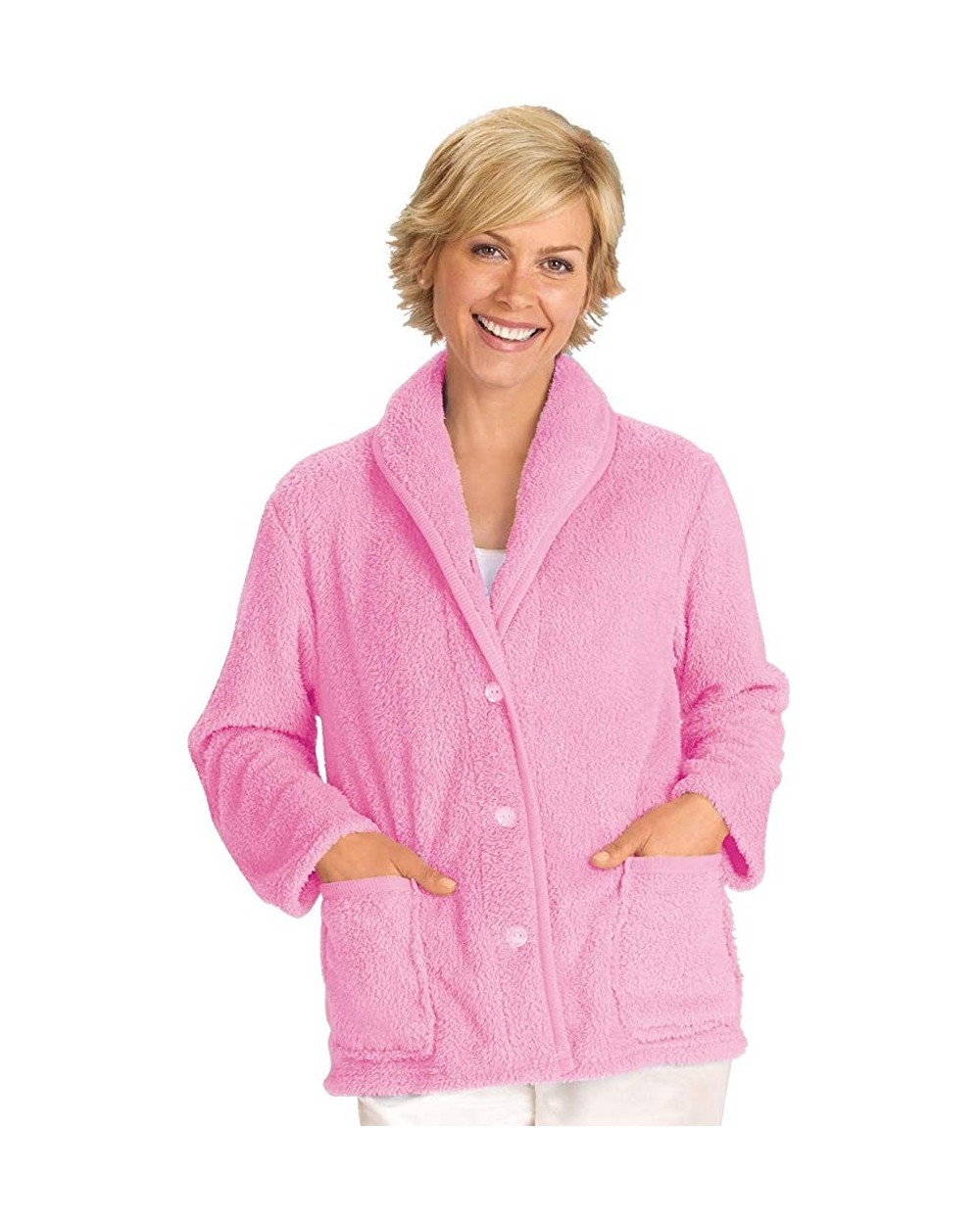 Women's Fleece Bed Jacket - Short Robe with Button Down Front - Pink - CI18AYELDDN $54.18 Robes