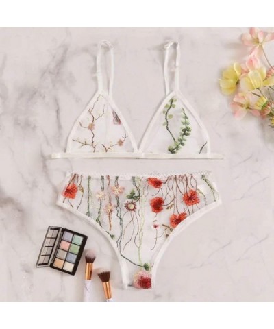 Lingerie Pajama Set Women V-Neck Floral Lace Embroidered Sheer Underwear - White - CG194540T9C $16.67 Sets