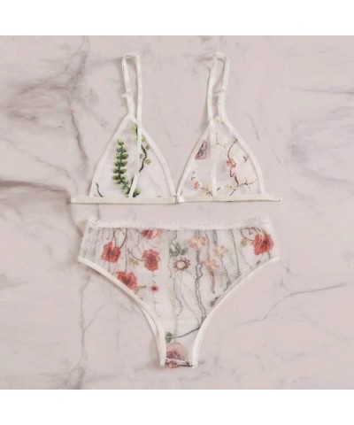 Lingerie Pajama Set Women V-Neck Floral Lace Embroidered Sheer Underwear - White - CG194540T9C $16.67 Sets