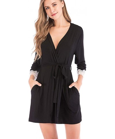 Women Kimono Robes Short Knit Bathrobe Soft Sleepwear Ladies Loungewear Sexy Wrap Nightgown Elegant Nightshirt Black - CY196O...