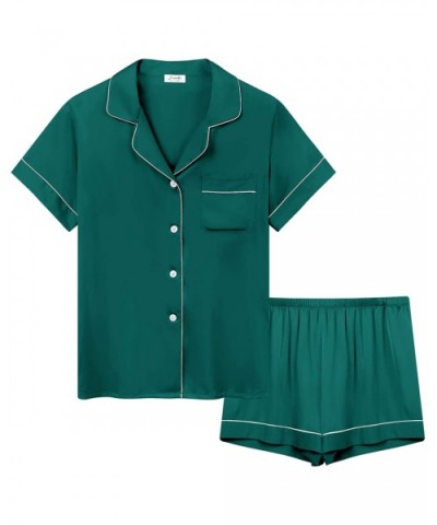 Womens Satin Silky Short Sleeve Button Up/Down Summer Pajama/Pj Shorts Set - Dark Green - CH197ZW0DGR $46.04 Sets