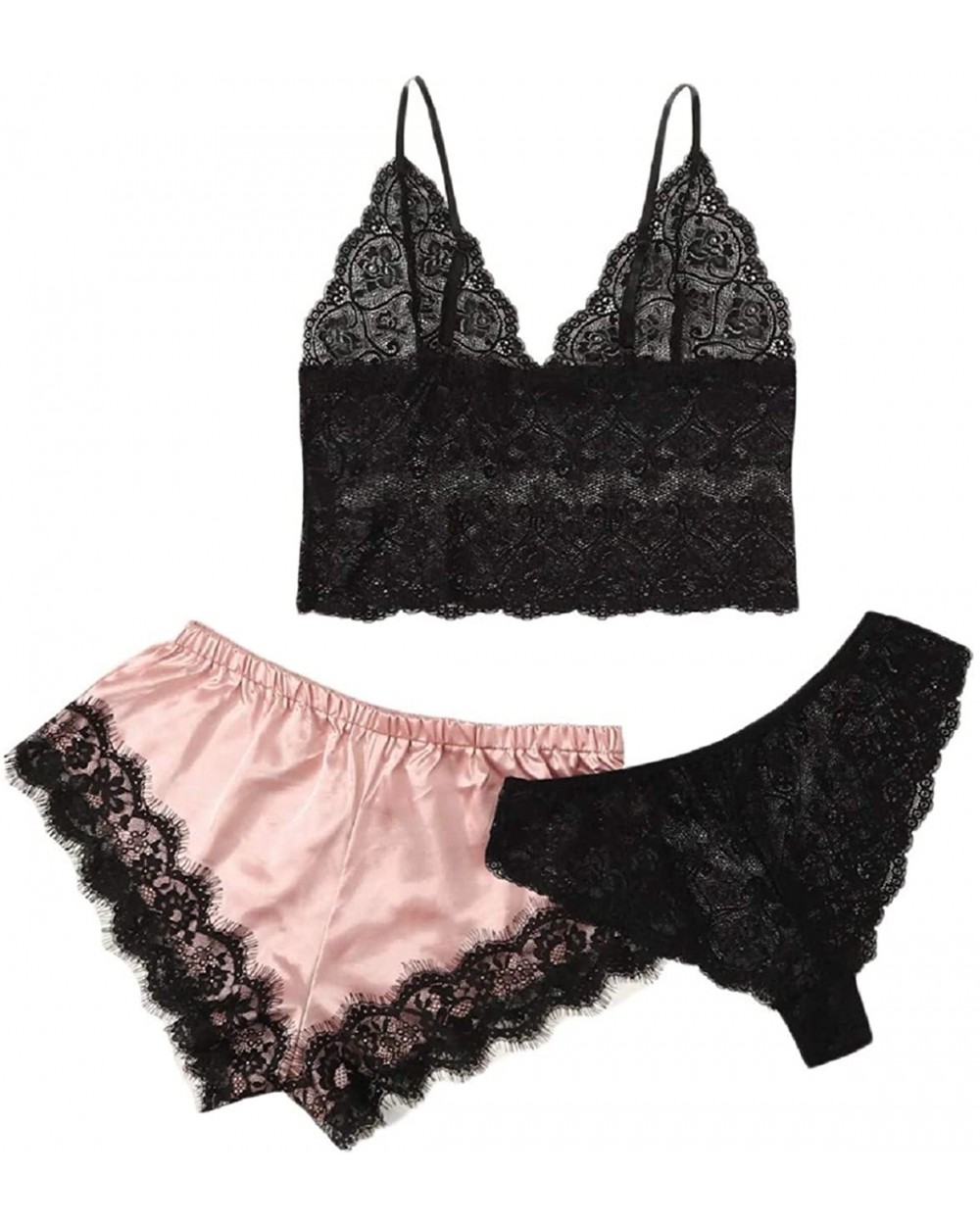 Women's 3 Pc Lace Bralette Bra Stain Silk Camisole Sleepwear Shorts Pajamas Pants Lingerie Set - Black - CT18ASWX30Z $16.12 Sets