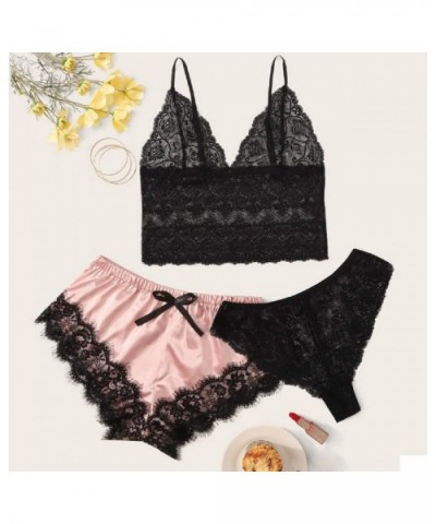 Women's 3 Pc Lace Bralette Bra Stain Silk Camisole Sleepwear Shorts Pajamas Pants Lingerie Set - Black - CT18ASWX30Z $16.12 Sets