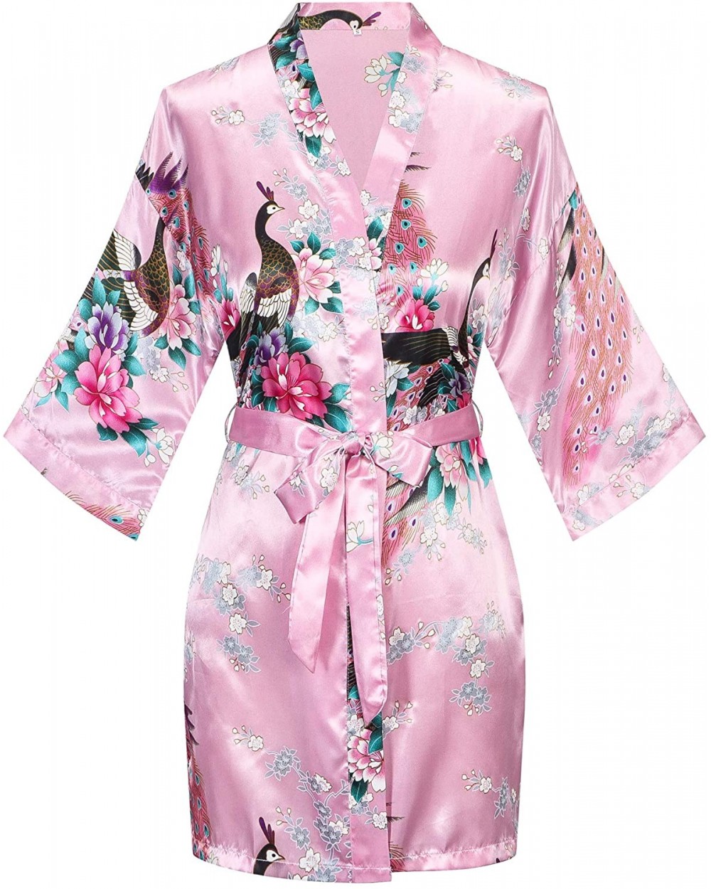 Womens Short Kimono Robes Satin Floral Bathrobe Dressing Gown for Bride Bridesmaid Wedding Bridal Party - Pink - C7180IOSZOX ...