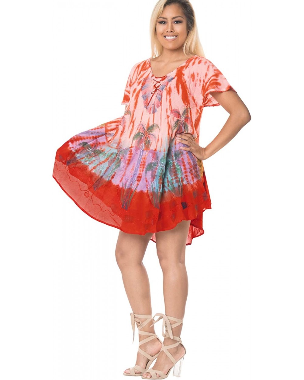 Women's Beach Dress Tunic Top T-Shirt Swing Dress Caftan Hand Tie Dye A - Pumpkin Orange_a638 - CA18R4T6HD7 $34.01 Nightgowns...