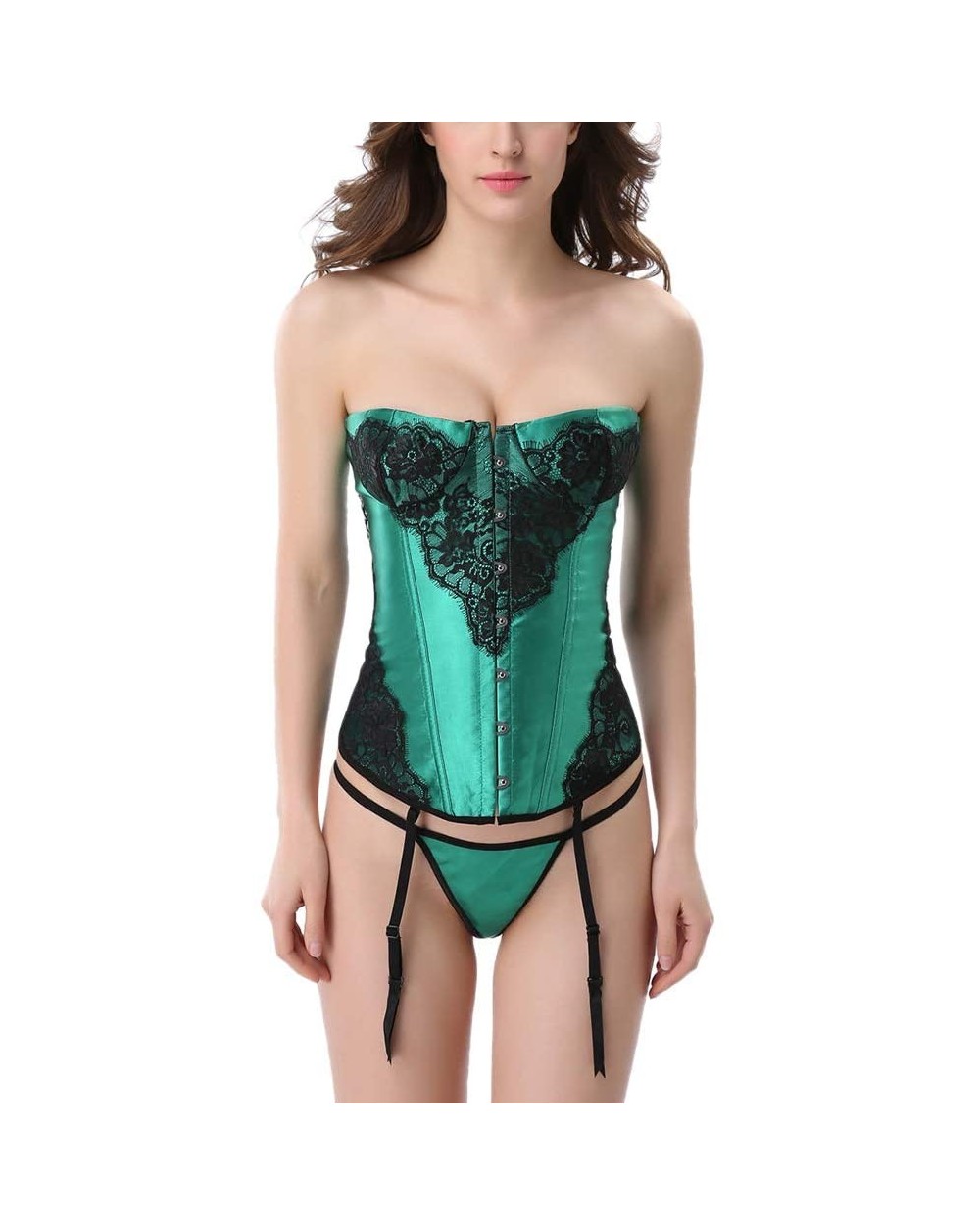 Women's Vintage Lace Up Plastic Boned Overbust Corset Bustier Bodyshaper Top with Thong - Size M (Green) - CQ18KWYYLIO $32.03...