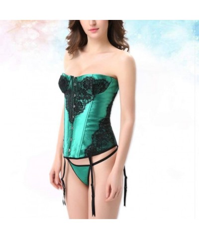 Women's Vintage Lace Up Plastic Boned Overbust Corset Bustier Bodyshaper Top with Thong - Size M (Green) - CQ18KWYYLIO $32.03...