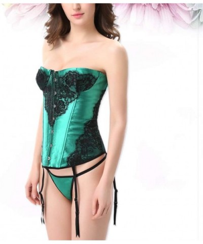 Women's Vintage Lace Up Plastic Boned Overbust Corset Bustier Bodyshaper Top with Thong - Size M (Green) - CQ18KWYYLIO $32.03...