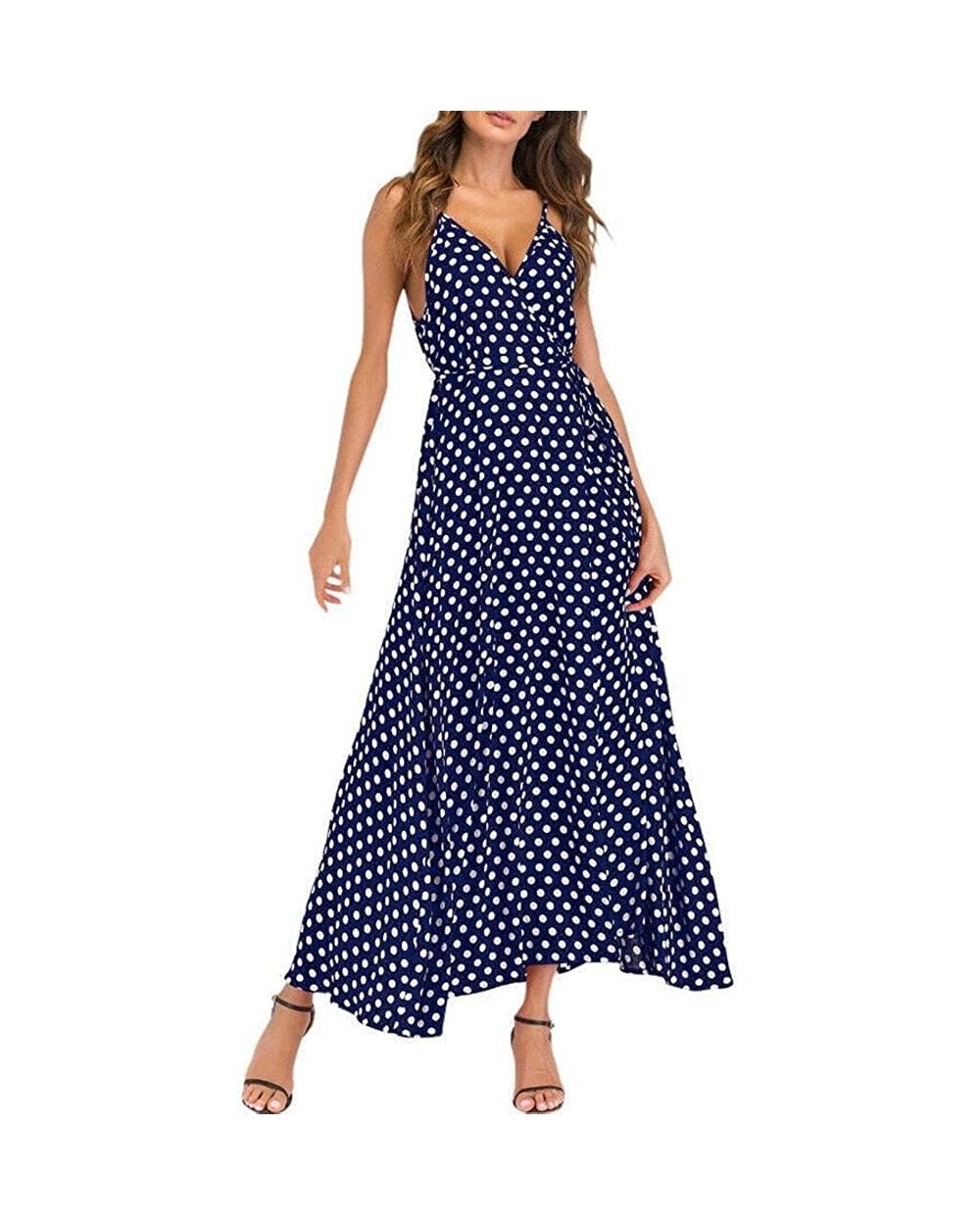 Strappy Dresses for Women Party Wedding Summer Sexy Deep V Dress Polka Dot Dress for Women Party Dress Plus Size - Blue - C11...