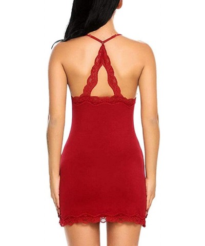 Women Lace Decor Solid Sleeveless Spaghetti Strap Nightdress Sleepwear Nightgowns & Sleepshirts - Wine Red - C918UWZE9T9 $42....