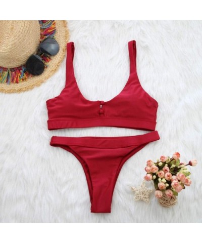 Women's Knotted Sandwich Thong Bikini Mid Waist Beach Swimsuit - N-wine Red - CT194DYRUZA $22.16 Tops