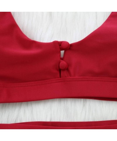 Women's Knotted Sandwich Thong Bikini Mid Waist Beach Swimsuit - N-wine Red - CT194DYRUZA $22.16 Tops