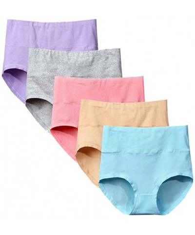 Women's Soft Cotton Briefs Underwear Breathable Solid Color High Waist Full Coverage Ladies Panties Multipack - 5colors - C31...