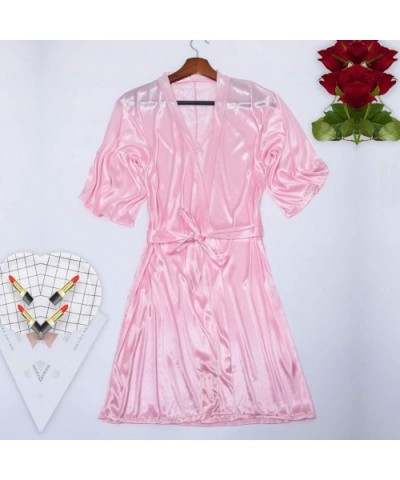 Women Sexy Pajamas Silk Kimono Satin Bathrobe Lace Lingerie Nightdress Sleepwear Robe Loose Lingeries - Pink - C418REAM40O $1...