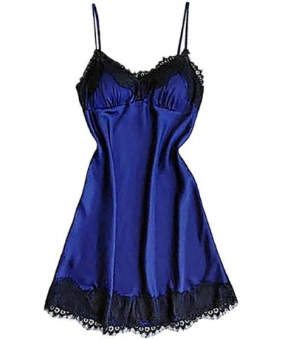 Women Lingeries Floral Lace Trim Satin Cami Pajama Sets - Dark Blue - CS18RXKE3TU $12.24 Thermal Underwear