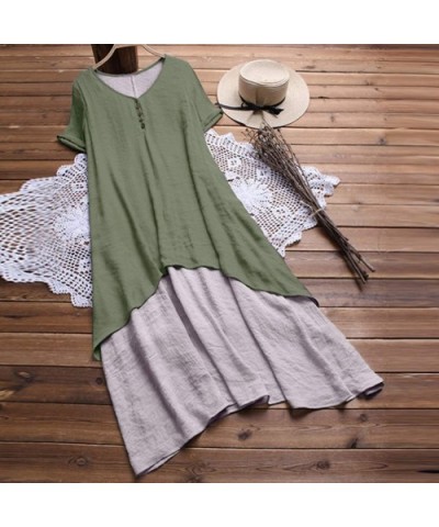 Women Vintage Patchwork Dress High Low Hem Boho Print Half Sleeves Pocket Dress - G Green - CF18SDZM022 $35.53 Thermal Underwear