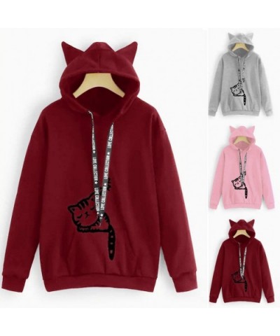 Womens Cute Print Long Sleeve Hoodie Sweatshirt Hooded Pullover Tops Blouse - C-pink - C0192YK6T43 $35.98 Thermal Underwear