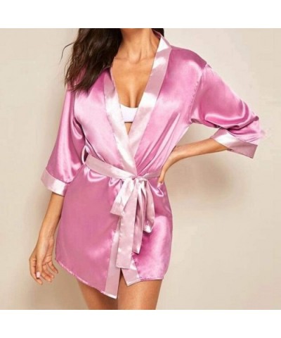 New Womens Silk Long Sleeve Satin Pajamas Sleepwear Robe with Belt Bathrobe - Hot Pink - CG193Q4WLMN $14.71 Robes