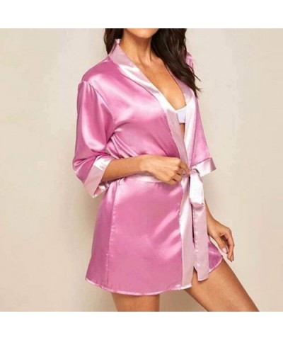 New Womens Silk Long Sleeve Satin Pajamas Sleepwear Robe with Belt Bathrobe - Hot Pink - CG193Q4WLMN $14.71 Robes