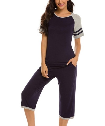 Womens Pajama Set Short Sleeve Top and Pants with Pockets Cotton Sleepwear Pjs Sets - Capri Set-navy Blue - C6190497UI6 $40.9...