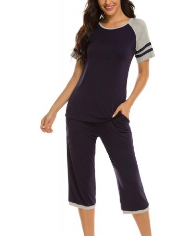 Womens Pajama Set Short Sleeve Top and Pants with Pockets Cotton Sleepwear Pjs Sets - Capri Set-navy Blue - C6190497UI6 $40.9...