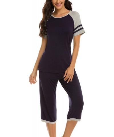 Womens Pajama Set Short Sleeve Top and Pants with Pockets Cotton Sleepwear Pjs Sets - Capri Set-navy Blue - C6190497UI6 $40.9...