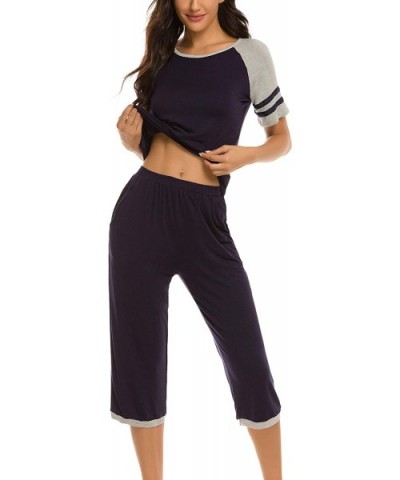 Womens Pajama Set Short Sleeve Top and Pants with Pockets Cotton Sleepwear Pjs Sets - Capri Set-navy Blue - C6190497UI6 $40.9...