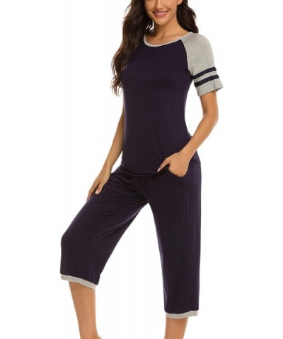 Womens Pajama Set Short Sleeve Top and Pants with Pockets Cotton Sleepwear Pjs Sets - Capri Set-navy Blue - C6190497UI6 $40.9...