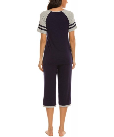 Womens Pajama Set Short Sleeve Top and Pants with Pockets Cotton Sleepwear Pjs Sets - Capri Set-navy Blue - C6190497UI6 $40.9...