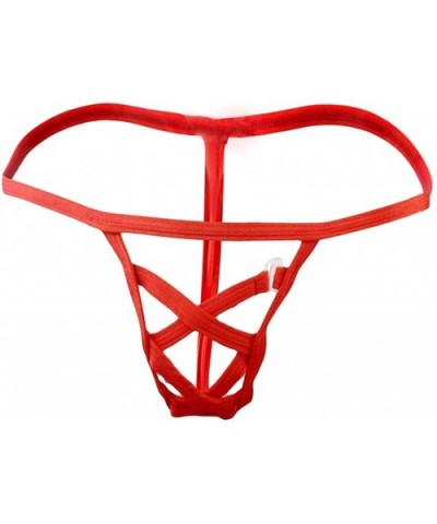 Men's Cross Bandage G-String T-Back Rope Sexy Hollow Lace Pouch Temptation Backless Underwear Lingerie Thong Briefs - Red1 - ...