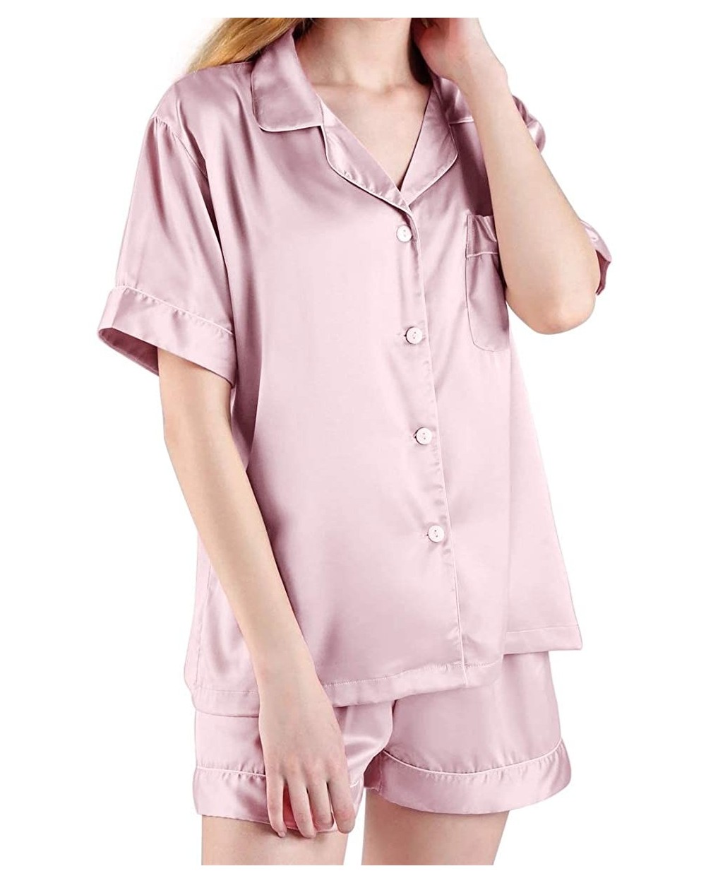 Pajama-Sets Short-Sleeve Loungewear Button-Down Silky Womens-Sleepwear Casual-Nightdress - Pink - CM18ZUA85NR $31.67 Sets