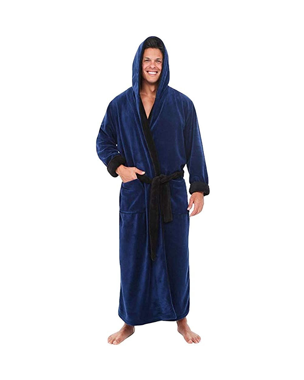 Men's Hooded Robe - Plush Shawl Kimono Bathrobe for Men Shawl Collar Fleece Bathrobe Spa Robe - Blue - CF192IE39C2 $40.58 Robes