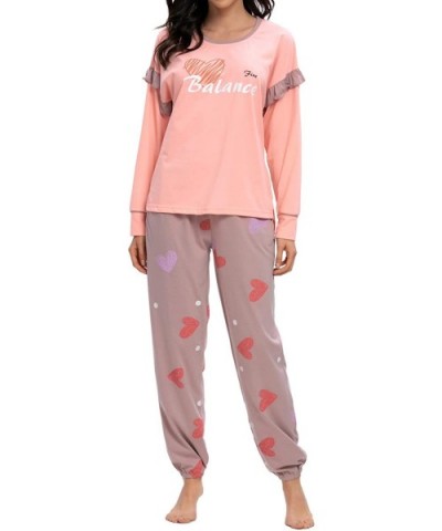 Women's Pajama Set Round Neck Printing Sleepwear Long Sleeve Tops and Pants Casual Nightwear Soft Pj Sets Loungewear - F-pink...