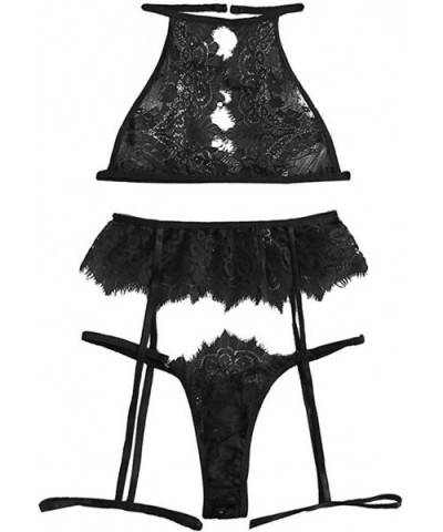 Women Sexy Sleepwear- Wine Lace Cutout Sexy Perspective Three-Piece Set - Black 36 - CY193XERLHT $18.35 Garters & Garter Belts