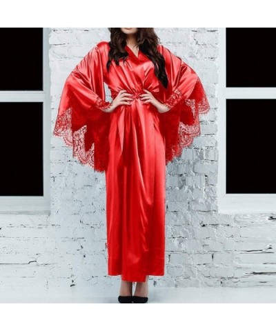 Women Sexy Lace Satin Kimono Long Robe Bathrobe Lingerie Sleepwear Belt Pajamas Lace Stitching Nightgown red XXL Red - CN195D...