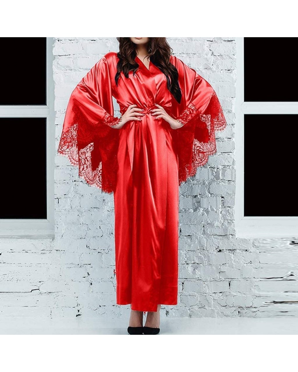 Women Sexy Lace Satin Kimono Long Robe Bathrobe Lingerie Sleepwear Belt Pajamas Lace Stitching Nightgown red XXL Red - CN195D...