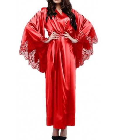 Women Sexy Lace Satin Kimono Long Robe Bathrobe Lingerie Sleepwear Belt Pajamas Lace Stitching Nightgown red XXL Red - CN195D...