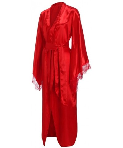 Women Sexy Lace Satin Kimono Long Robe Bathrobe Lingerie Sleepwear Belt Pajamas Lace Stitching Nightgown red XXL Red - CN195D...