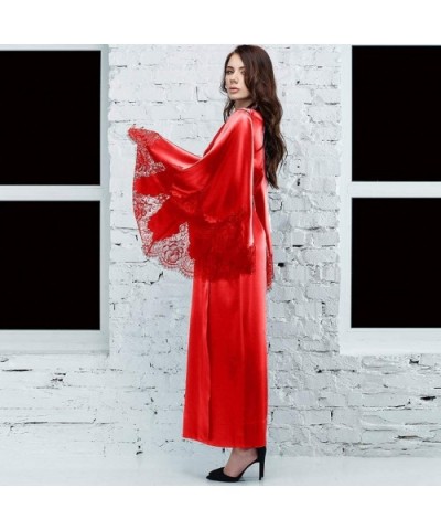 Women Sexy Lace Satin Kimono Long Robe Bathrobe Lingerie Sleepwear Belt Pajamas Lace Stitching Nightgown red XXL Red - CN195D...