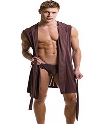 Mens Robes Bathrobe Hooded Sleeveless Nightwear Imitate Silk Sleepwear Pajamas - Coffee - C817Z42GK2R $29.47 Robes