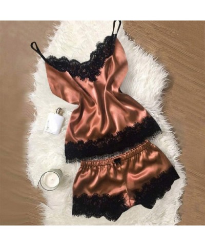 2020 New Womens Sleepwear Set Sexy Satin Cami and Shorts Lace Pajamas Nightwear 2 3 Piece Set Sleepwear B brown - CN193TRA3QL...