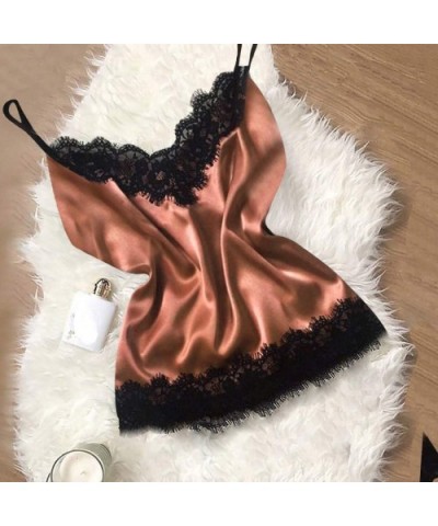 2020 New Womens Sleepwear Set Sexy Satin Cami and Shorts Lace Pajamas Nightwear 2 3 Piece Set Sleepwear B brown - CN193TRA3QL...