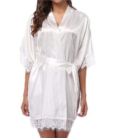 Women Lace-Trim Kimono Style Short Satin Robe Sleepwear with 3/4 Sleeves - 4 - CW198KN7SG8 $27.77 Robes