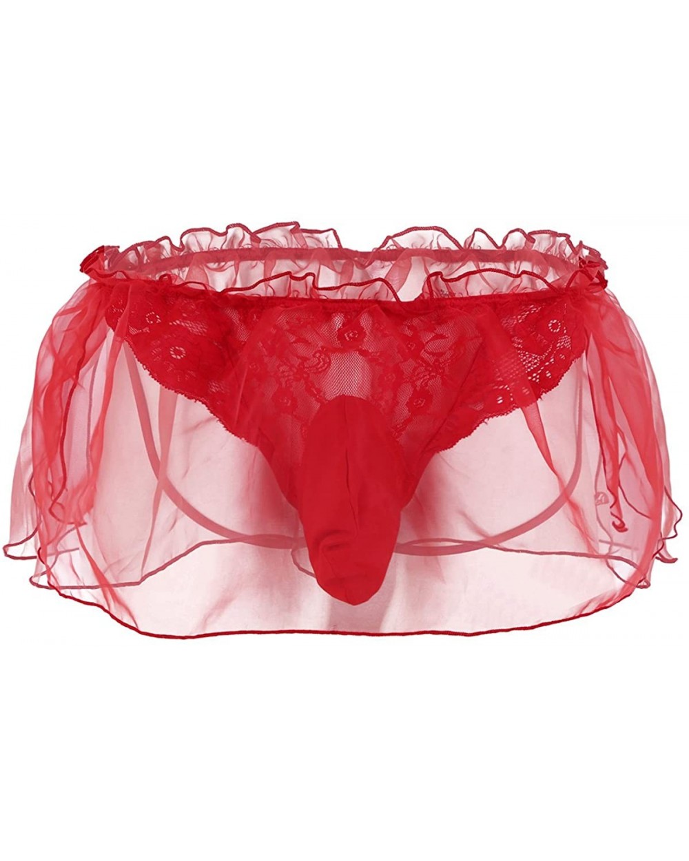 Men's Sissy Ruffle Skirted Bikini Briefs Thong Bulge Pouch Lace Underwear G-String Lingerie - Red - CA1800ELNDQ $24.57 Briefs